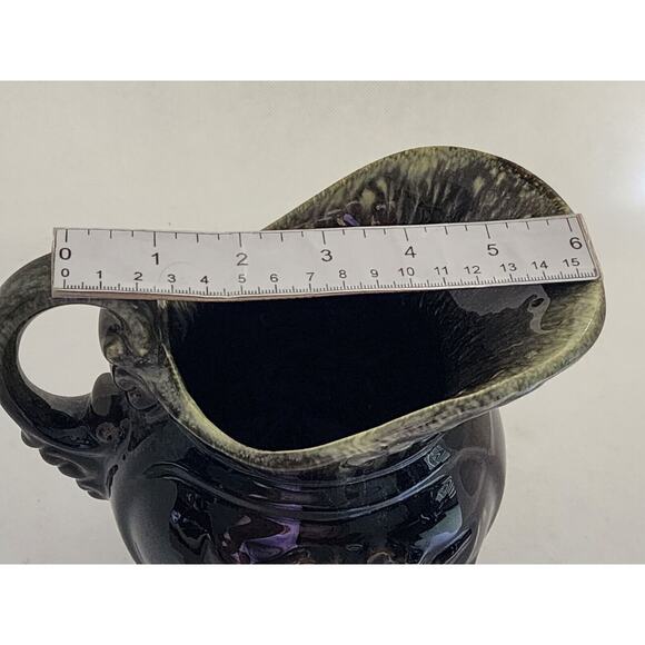 HULL POTTERY-PITCHER-VASE-Brown/Green Drip Glaze-Embossed-Large Pouring Lip - Picture 10 of 10
